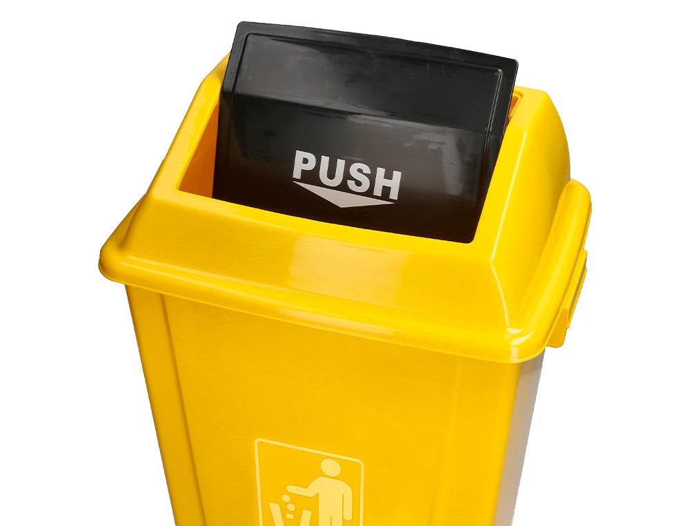 CONTENTOR DE LIXO Q-CONNECT PLASTICO COM TAMPA DE EMPURRAR 58 LITROS 470X330X760 MM AMARELO