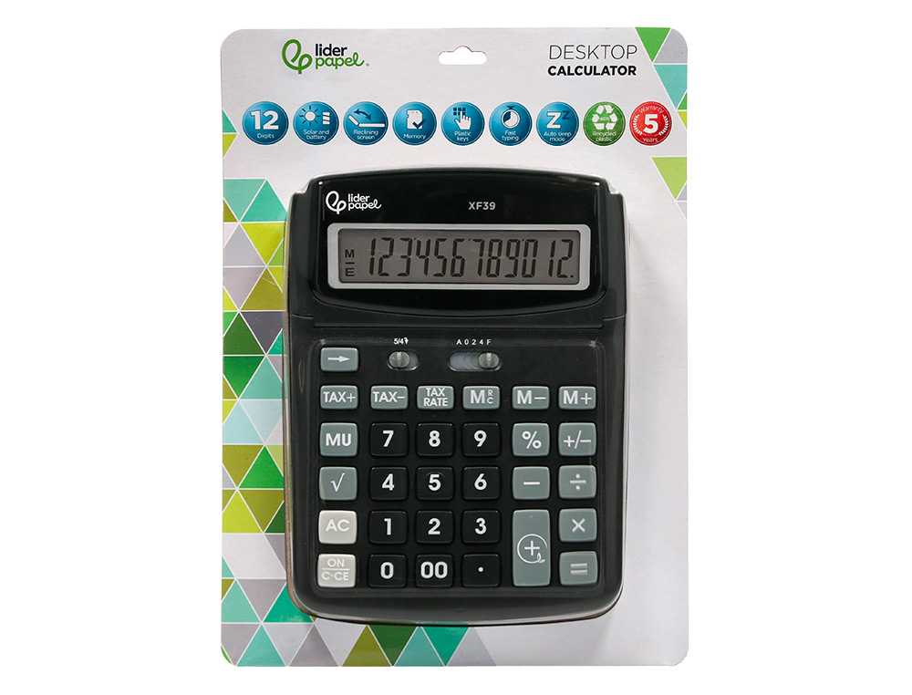 CALCULADORA LIDERPAPEL DE SECRETARIA XF39 12 DIGITOS SOLAR E PILHAS COR PRETO 190X140X32 MM 40% PLASTICO RECICLADO