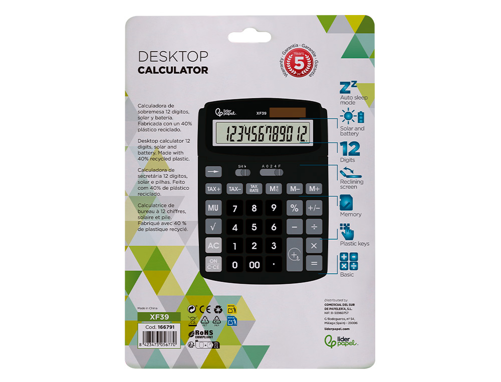 CALCULADORA LIDERPAPEL DE SECRETARIA XF39 12 DIGITOS SOLAR E PILHAS COR PRETO 190X140X32 MM 40% PLASTICO RECICLADO