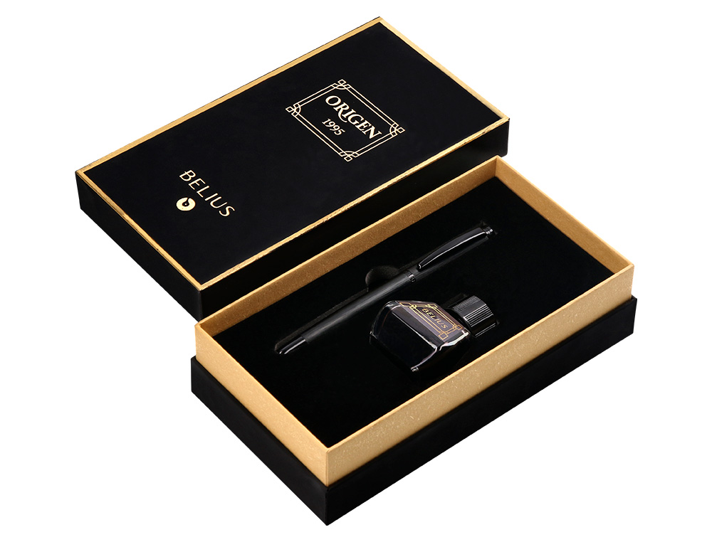 CANETA E FRASCO DE TINTA ESTILOGRAFICA BELIUS ORIGEN 1995 ALUMINIO TEXTURA ESCOVADO COR PRETO TINTA PRETA CAIXA DESIGN