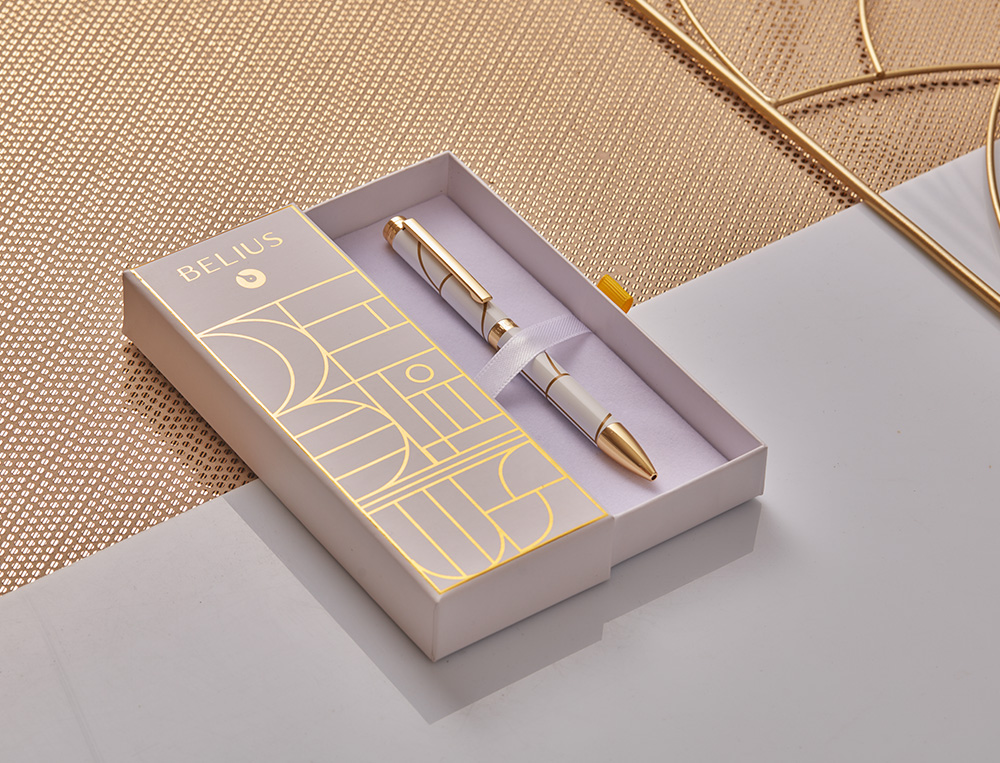 ESFEROGRAFICA BELIUS CARTE BLANCHE DESENHO BRANCO E DOURADO TINTA AZUL CAIXA DESIGN