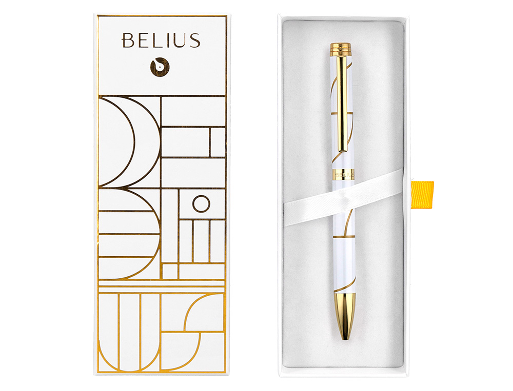 ESFEROGRAFICA BELIUS CARTE BLANCHE DESENHO BRANCO E DOURADO TINTA AZUL CAIXA DESIGN