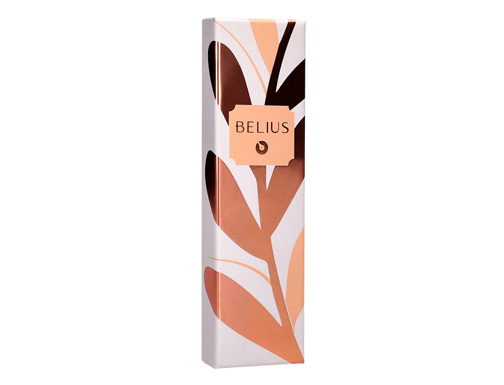 ESFEROGRAFICA BELIUS ROSE ALUMINIO DESENHO BEGE OURO ROSA TINTA AZUL CAIXA DESIGN