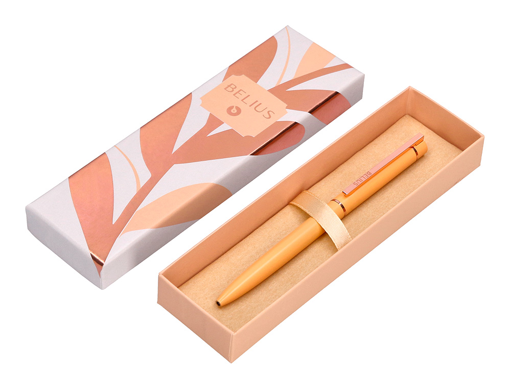 ESFEROGRAFICA BELIUS ROSE ALUMINIO DESENHO BEGE OURO ROSA TINTA AZUL CAIXA DESIGN