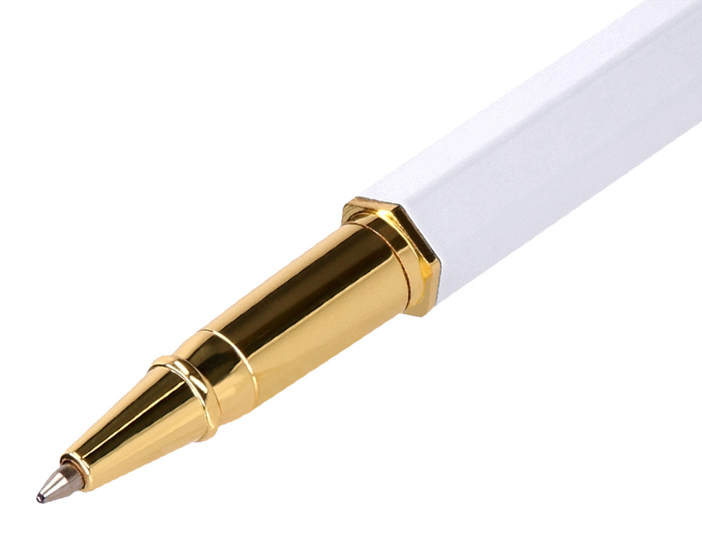 ESFEROGRAFICA BELIUS MACARON BLISS ALUMINIO DESENHO HEXAGONAL BRANCO E DOURADO TINTA AZUL CAIXA DESIGN