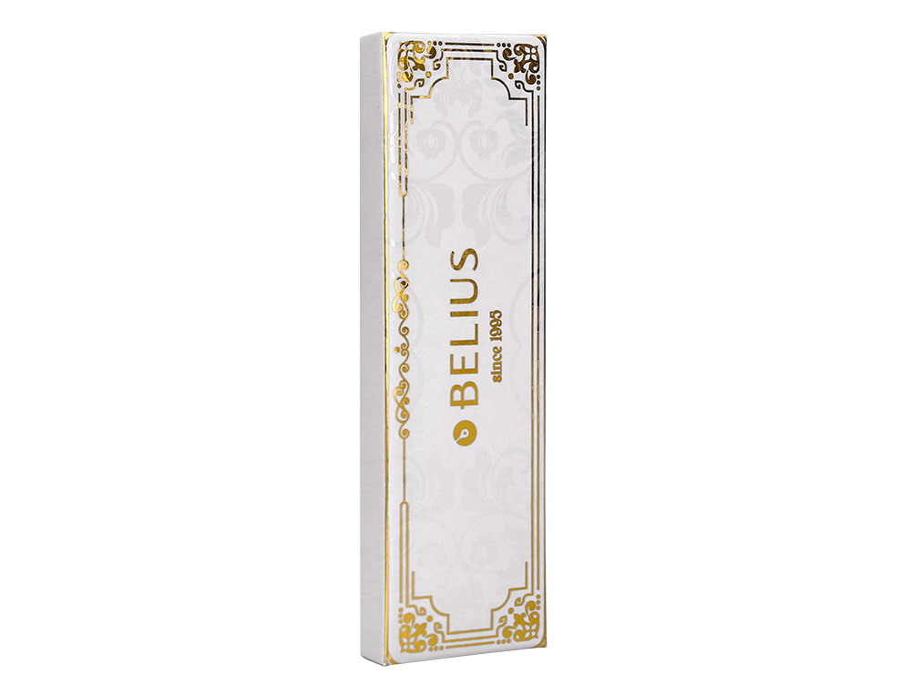 ESFEROGRAFICA BELIUS MACARON BLISS ALUMINIO DESENHO HEXAGONAL BRANCO E DOURADO TINTA AZUL CAIXA DESIGN