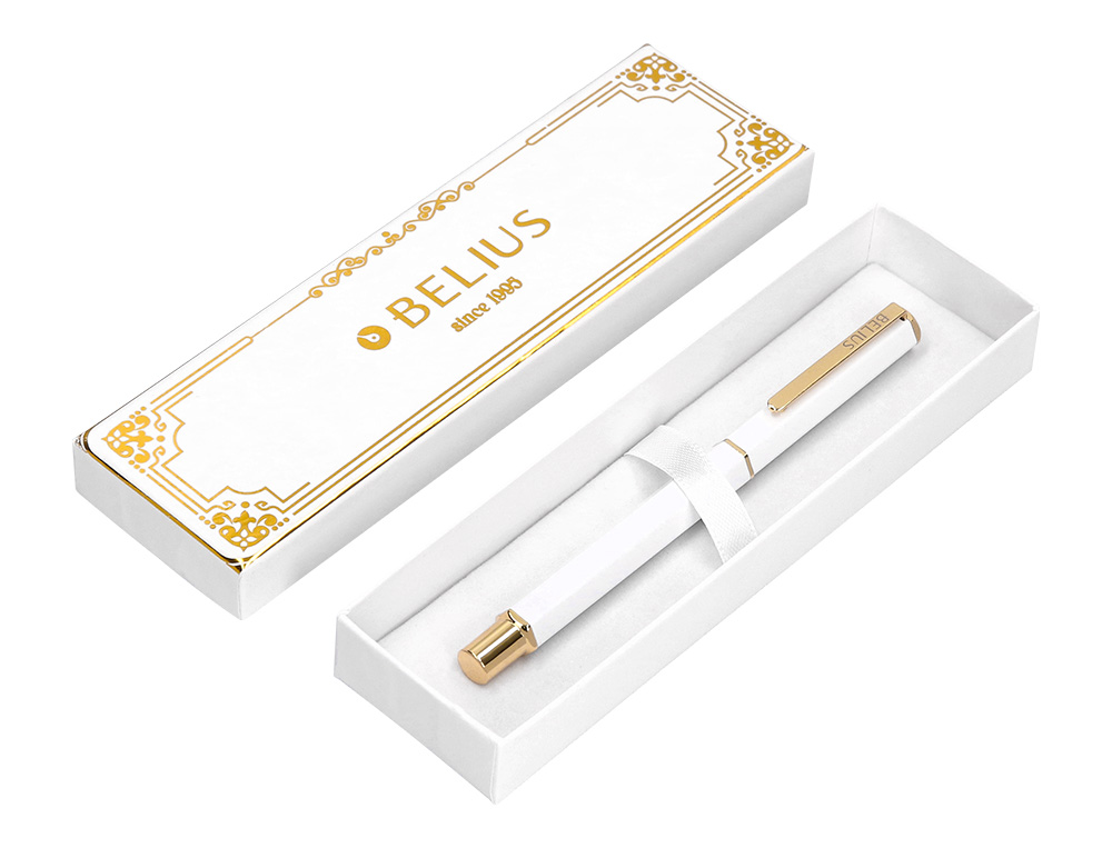 ESFEROGRAFICA BELIUS MACARON BLISS ALUMINIO DESENHO HEXAGONAL BRANCO E DOURADO TINTA AZUL CAIXA DESIGN