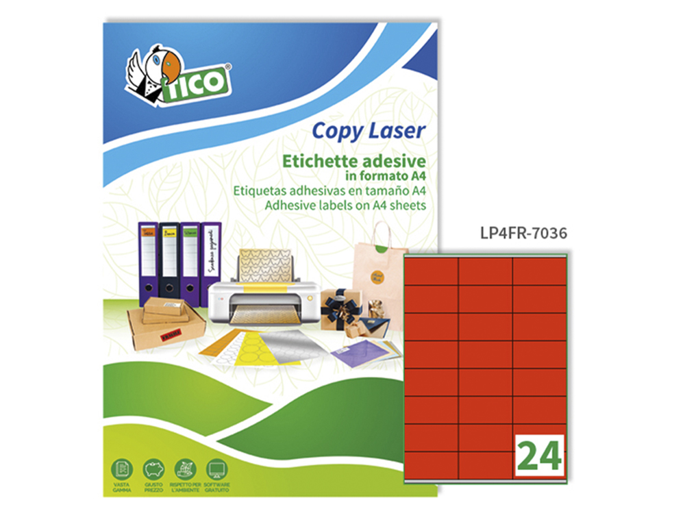 ETIQUETA ADESIVA TICO VERMELHO FLUOR PERMANENTE CERTIFICADO FSC LASER/JATO TINTA/FOTOCOPIA 70X36 MM CAIXA 1680 UDS