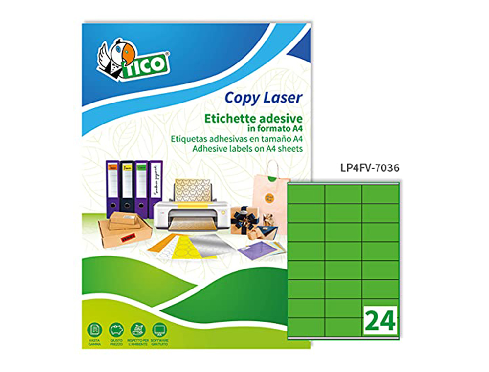 ETIQUETA ADESIVA TICO VERDE FLUOR PERMANENTE CERTIFICADO FSC LASER/JATO TINTA/FOTOCOPIA 70X36 MM CAIXA 1680 UDS