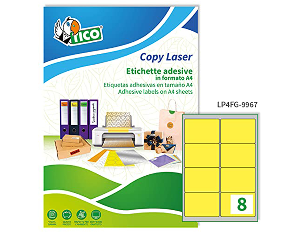 ETIQUETA ADESIVA TICO AMARELO FLUOR PERMANENTE CERTIFICADO FSC LASER/JATO TINTA/FOTOCOPIA 99,1X67,7 MM CAIXA 560 UDS