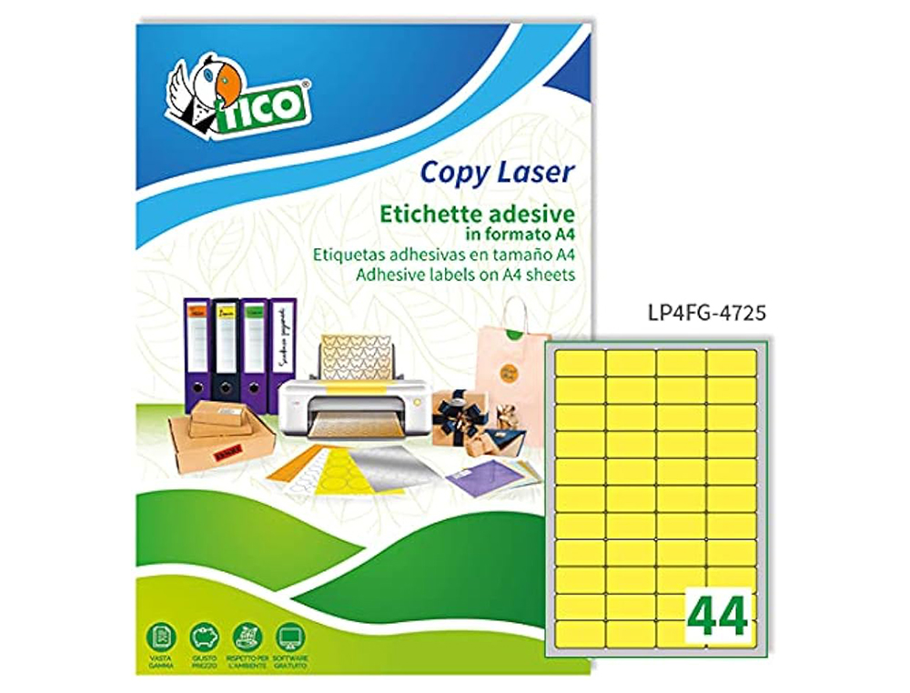 ETIQUETA ADESIVA TICO AMARELO FLUOR PERMANENTE CERTIFICADO FSC LASER/JATO TINTA/FOTOCOPIA 47,5X25,5 MM CAIXA 3080 UDS