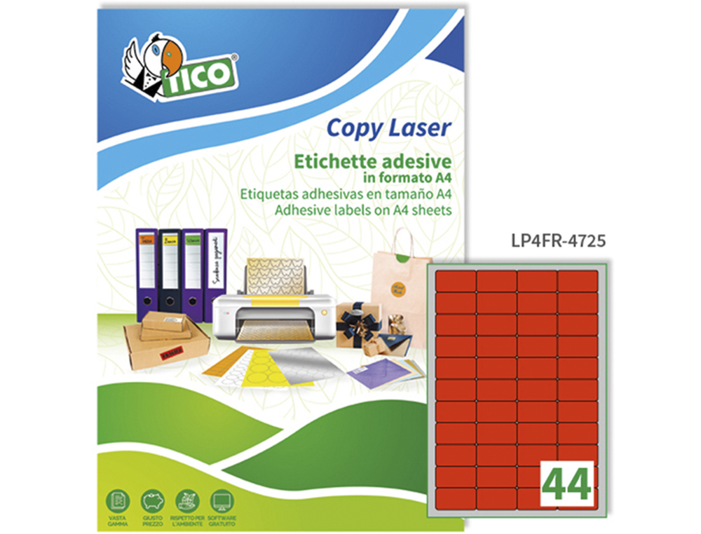 ETIQUETA ADESIVA TICO VERMELHO FLUOR PERMANENTE CERTIFICADO FSC LASER/JATO TINTA/FOTOCOPIA 47,5X25,5 MM CAIXA 3080 UDS