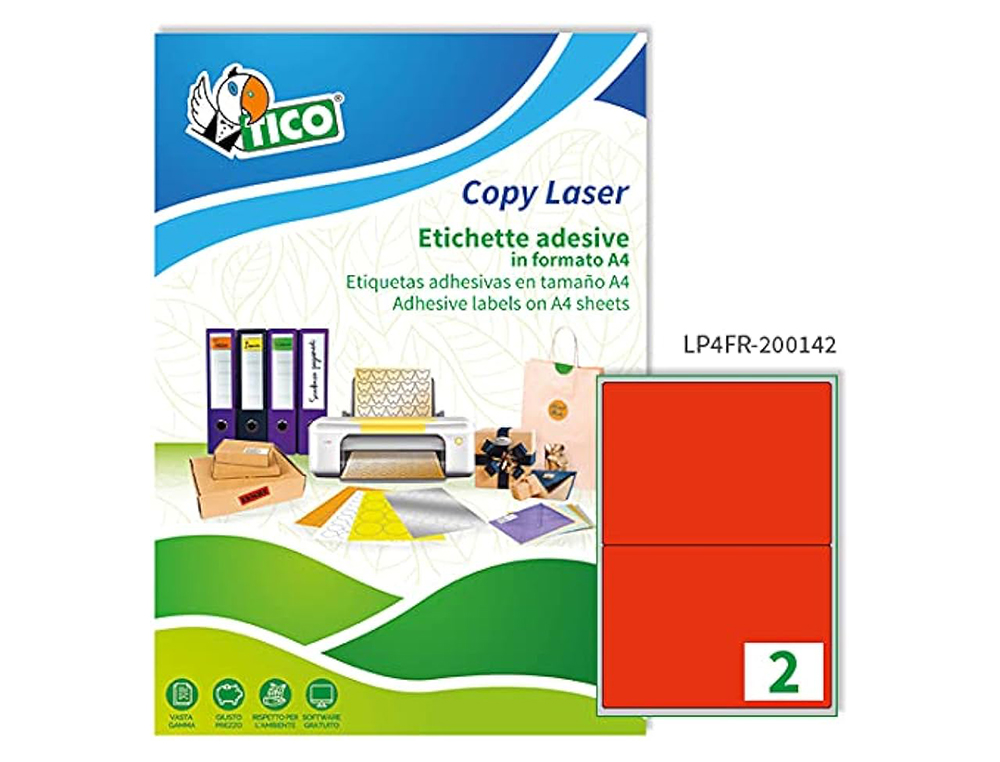 ETIQUETA ADESIVA TICO VERMELHO FLUOR PERMANENTE CERTIFICADO FSC LASER/JATO TINTA/FOTOCOPIA 200X142 MM CAIXA 140 UDS