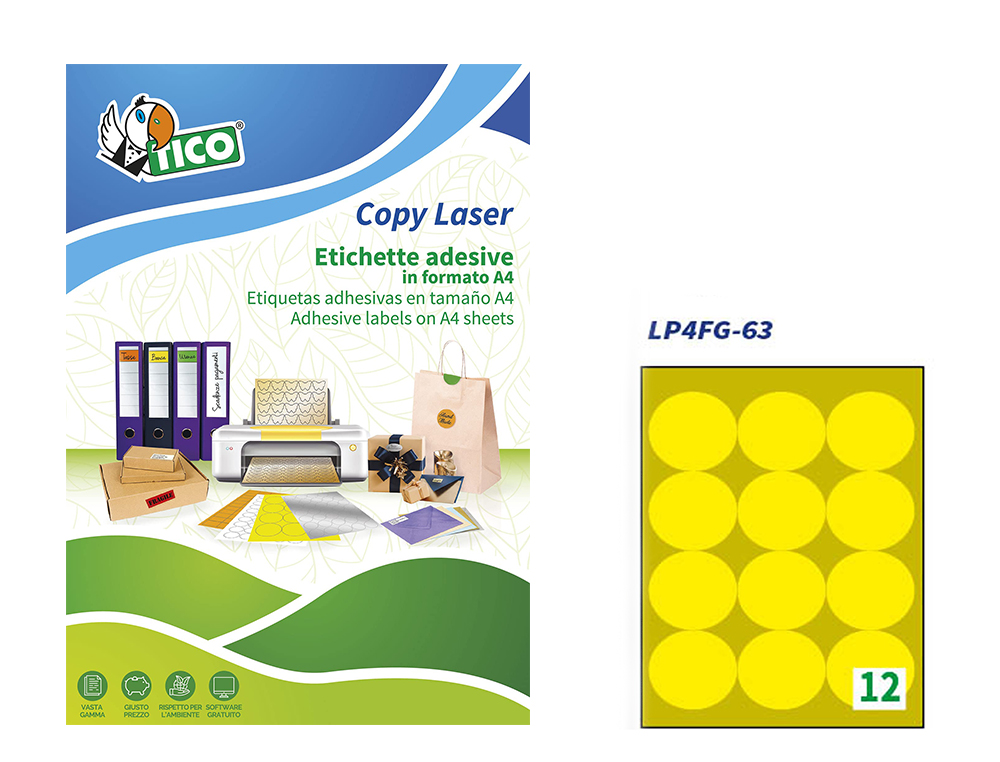 ETIQUETA ADESIVA TICO AMARELO FLUOR PERMANENTE CERTIFICADO FSC LASER/JATO TINTA/FOTOCOPIA 63,5 MM CAIXA 840 UDS
