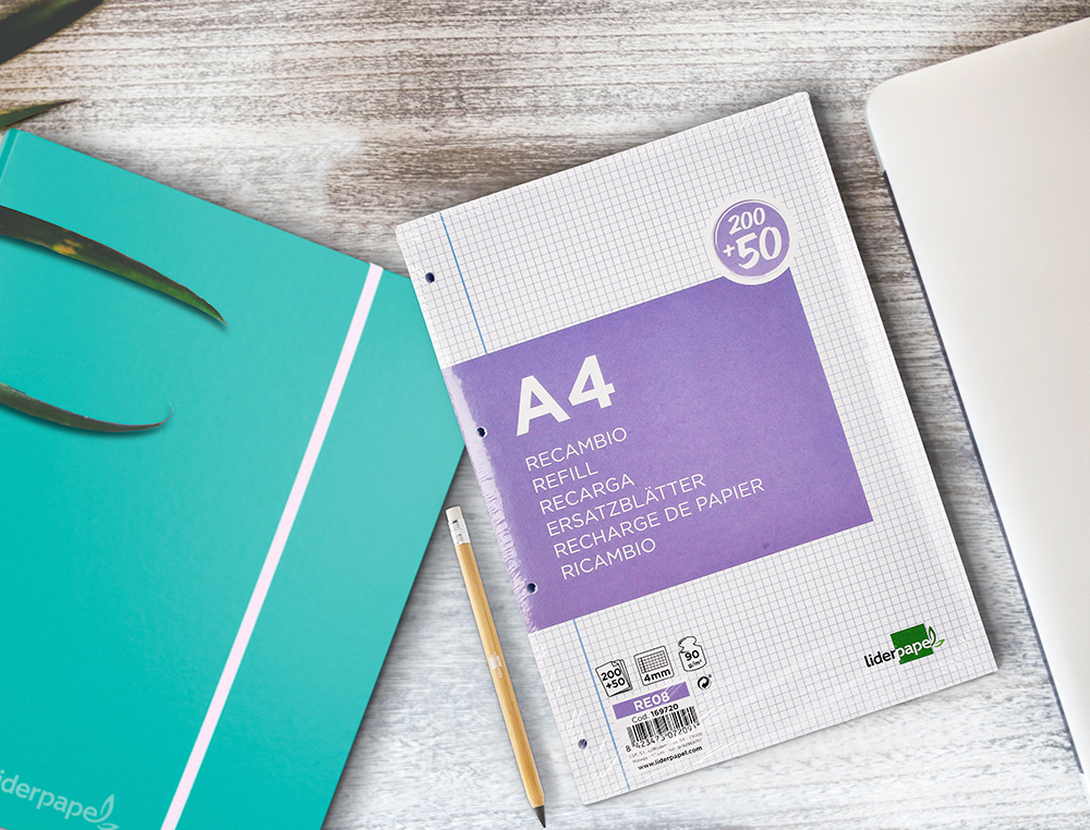 RECARGA LIDERPAPEL A4 200+50 FOLHAS 90 GR QUADRICULA 4 MM COM MARGEM 4 FUROS