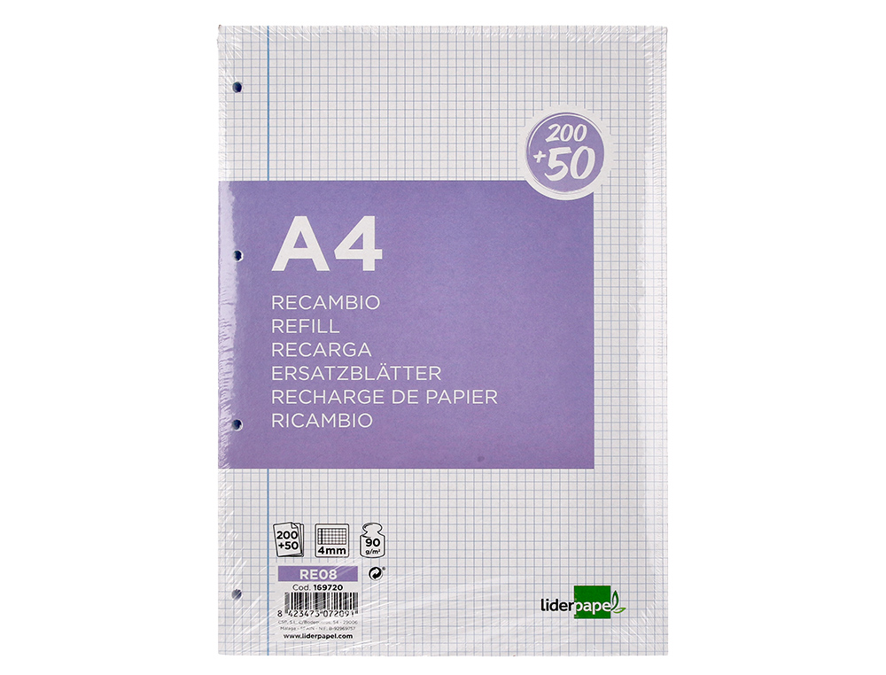 RECARGA LIDERPAPEL A4 200+50 FOLHAS 90 GR QUADRICULA 4 MM COM MARGEM 4 FUROS