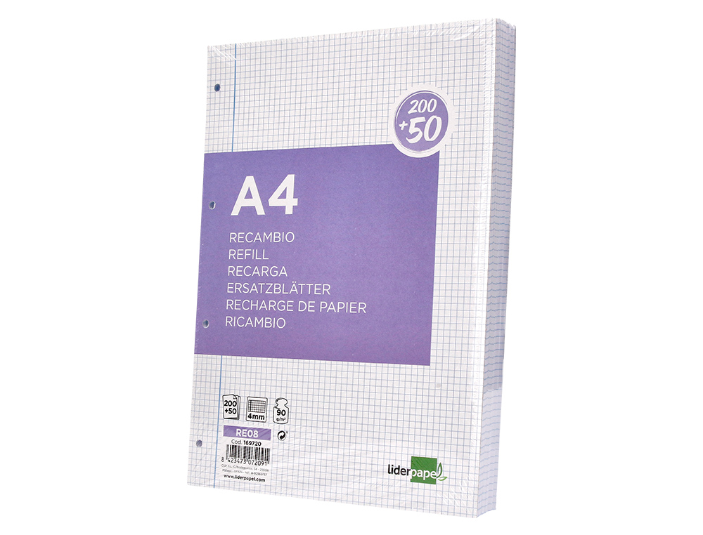 RECARGA LIDERPAPEL A4 200+50 FOLHAS 90 GR QUADRICULA 4 MM COM MARGEM 4 FUROS