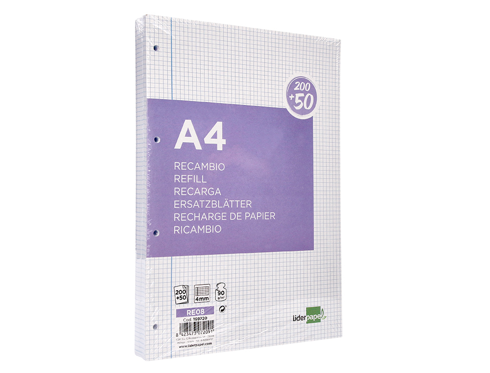 RECARGA LIDERPAPEL A4 200+50 FOLHAS 90 GR QUADRICULA 4 MM COM MARGEM 4 FUROS