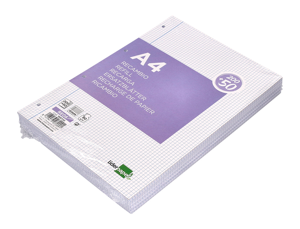 RECARGA LIDERPAPEL A4 200+50 FOLHAS 90 GR QUADRICULA 4 MM COM MARGEM 4 FUROS