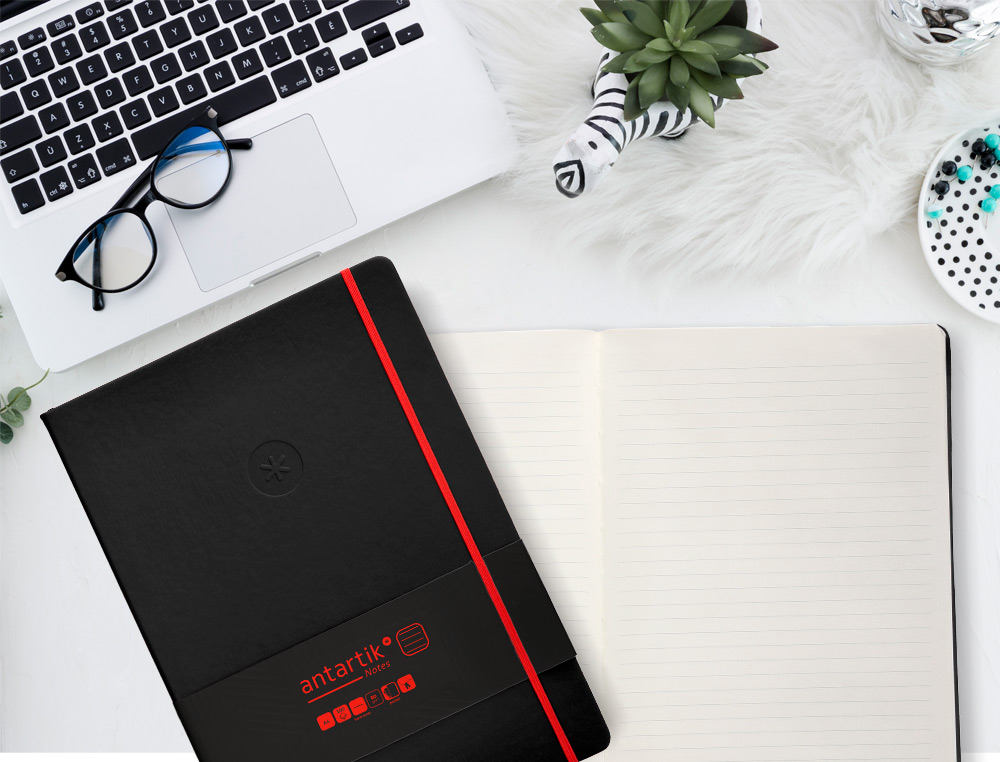 CADERNO COM ELASTICO ANTARTIK NOTES CAPA DURA A4 PAUTADO PRETO E VERMELHO 100 FOLHAS 80 GR FSC