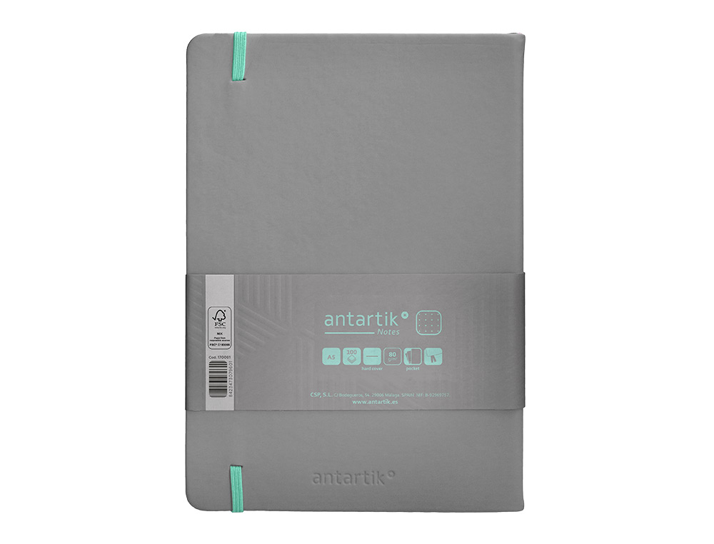CADERNO COM ELASTICO ANTARTIK NOTES CAPA DURA A5 PONTILHADO CINZA E TURQUESA 100 FOLHAS 80 GR FSC