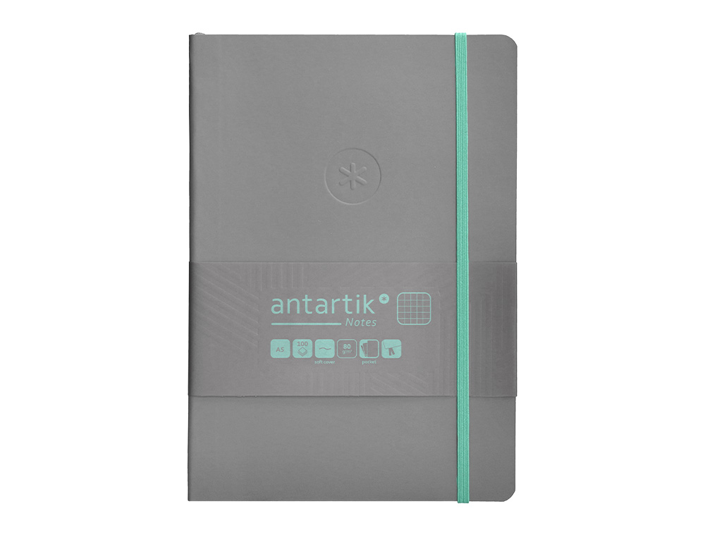 CADERNO COM ELASTICO ANTARTIK NOTES CAPA MOLE A5 QUADRICULADO CINZA E TURQUESA 80 FOLHAS 80 GR FSC