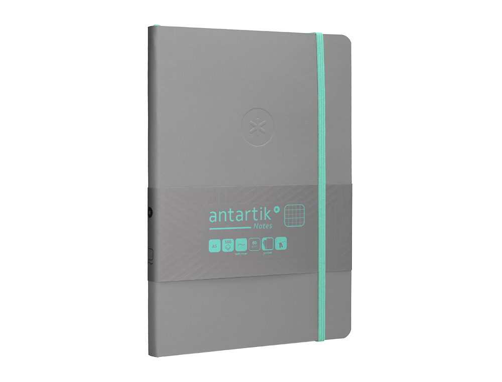 CADERNO COM ELASTICO ANTARTIK NOTES CAPA MOLE A5 QUADRICULADO CINZA E TURQUESA 80 FOLHAS 80 GR FSC