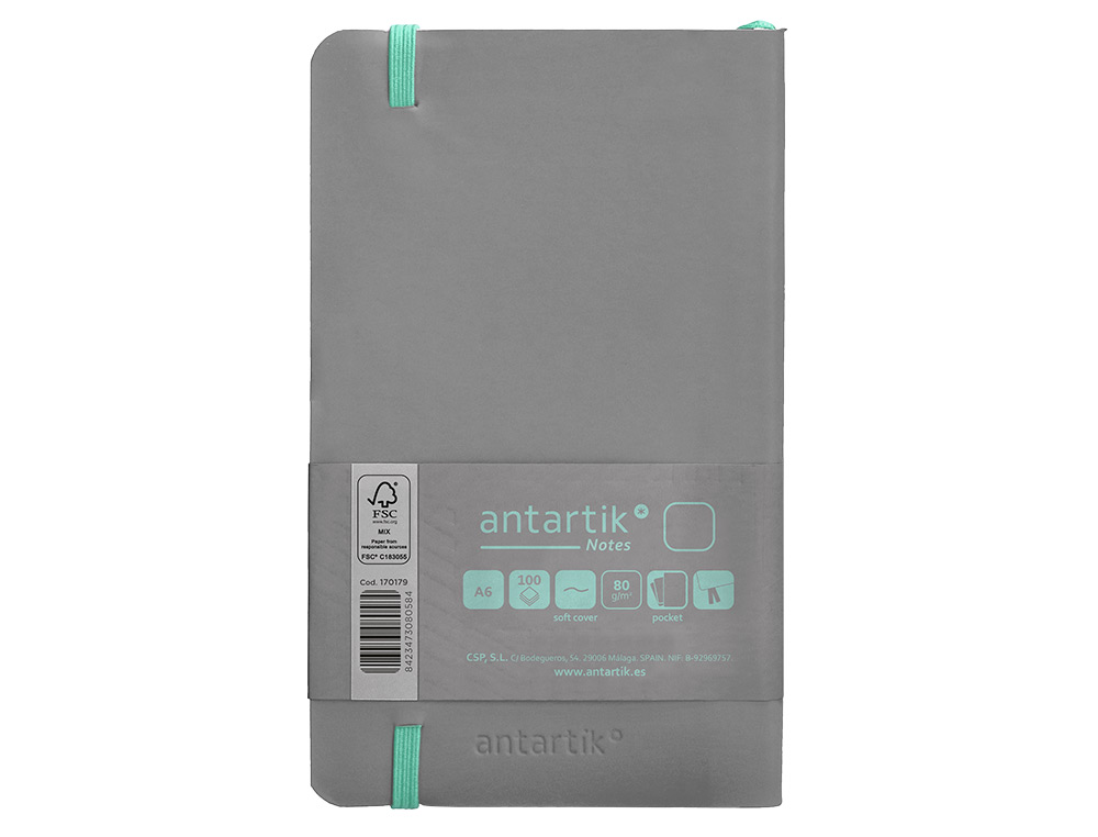 CADERNO COM ELASTICO ANTARTIK NOTES CAPA MOLE A6 LISO CINZA E TURQUESA 100 FOLHAS 80 GR FSC