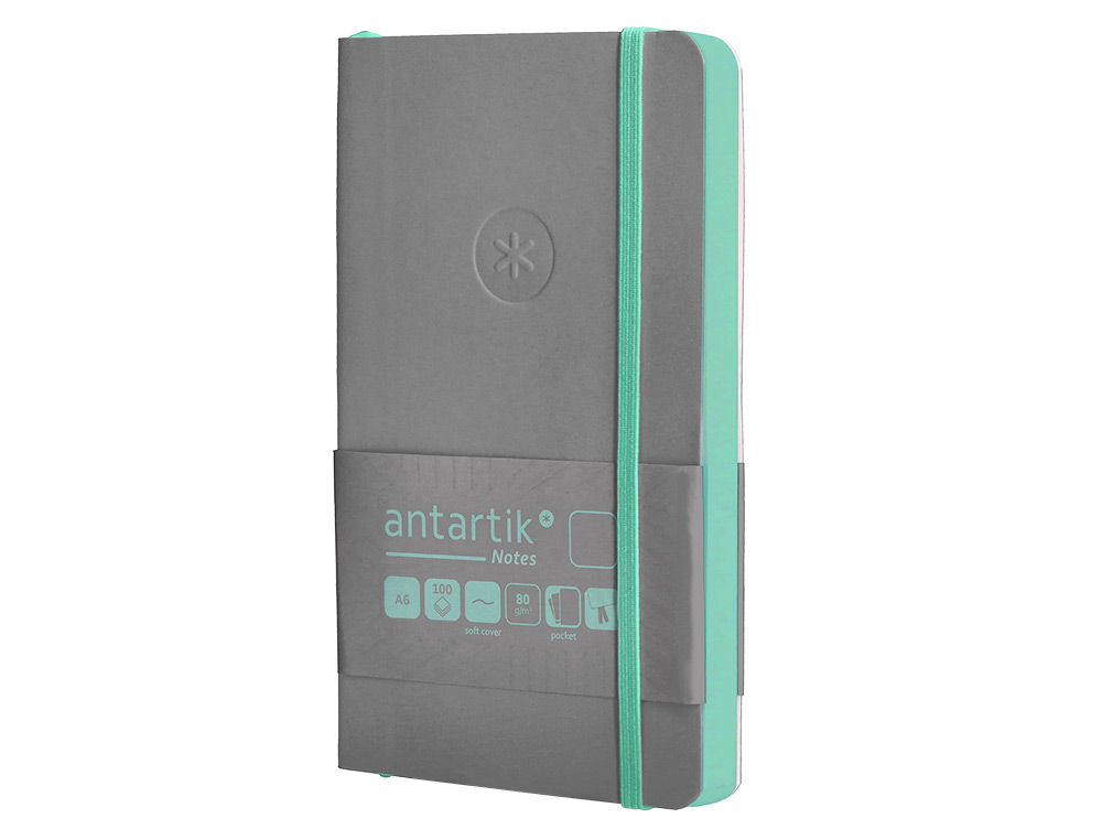 CADERNO COM ELASTICO ANTARTIK NOTES CAPA MOLE A6 LISO CINZA E TURQUESA 100 FOLHAS 80 GR FSC