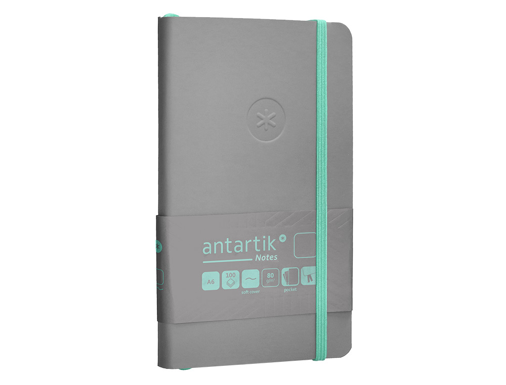 CADERNO COM ELASTICO ANTARTIK NOTES CAPA MOLE A6 LISO CINZA E TURQUESA 100 FOLHAS 80 GR FSC