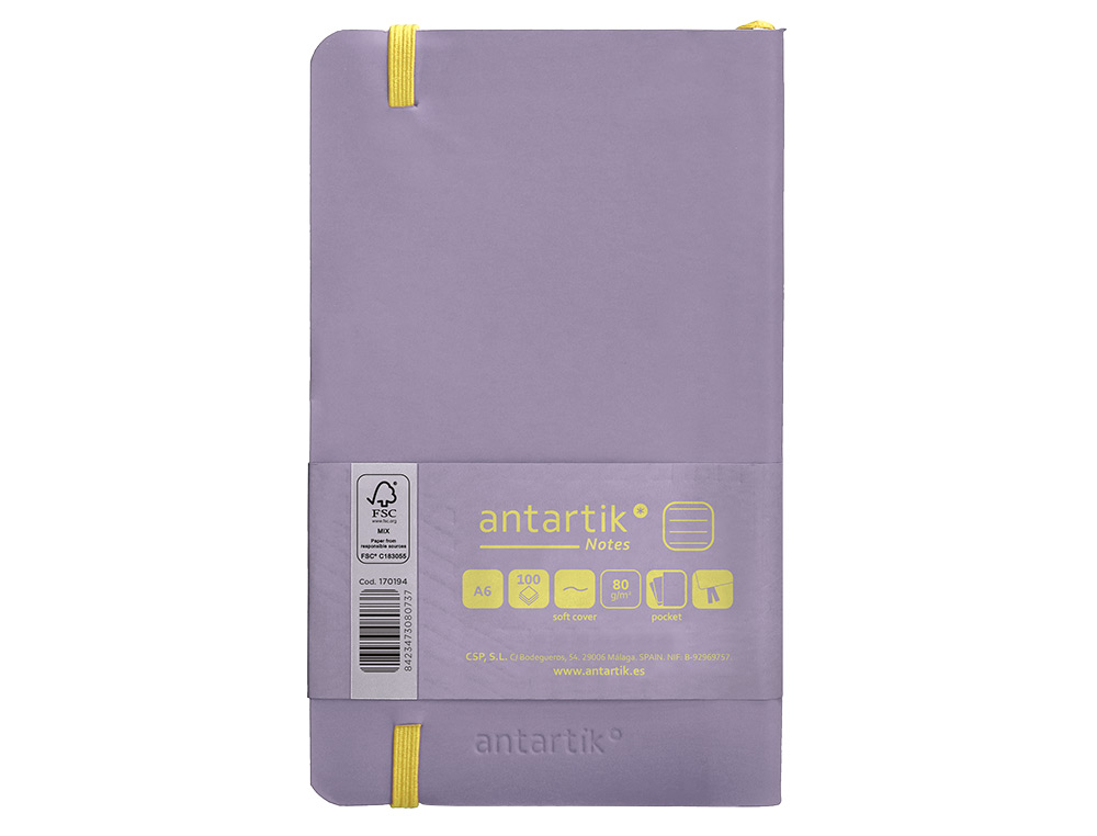 CADERNO COM ELASTICO ANTARTIK NOTES CAPA MOLE A6 PAUTADO ROXO E AMARELO 100 FOLHAS 80 GR FSC