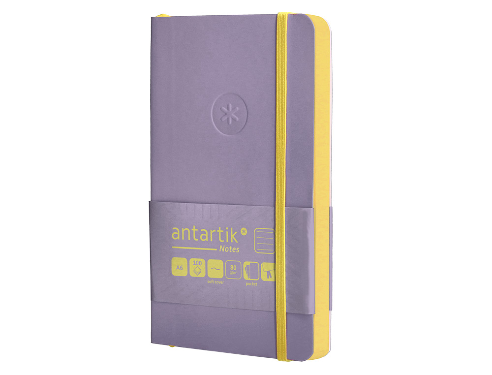 CADERNO COM ELASTICO ANTARTIK NOTES CAPA MOLE A6 PAUTADO ROXO E AMARELO 100 FOLHAS 80 GR FSC