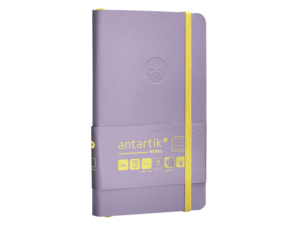 CADERNO COM ELASTICO ANTARTIK NOTES CAPA MOLE A6 PAUTADO ROXO E AMARELO 100 FOLHAS 80 GR FSC