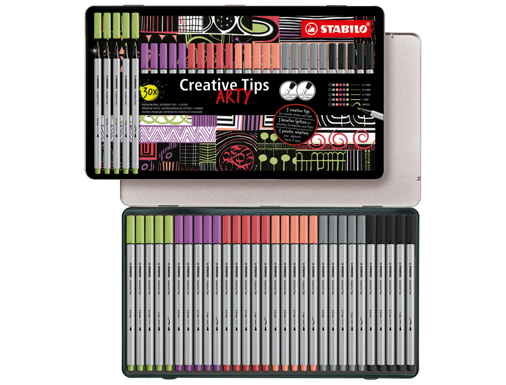 MARCADOR STABILO CREATIVE TIPS ARTY LINE CLASSIC 5 PONTAS DIFERENTES POR COR ESTOJO METALICO DE 30 UNIDADES CORES PASTEL