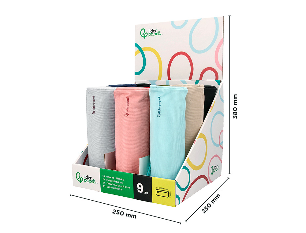 ESTOJO ESCOLAR LIDERPAPEL CLASSIC CILINDRICO LARGO 210X70 MM EXPOSITOR CORES SORTIDAS 9 UNIDADES