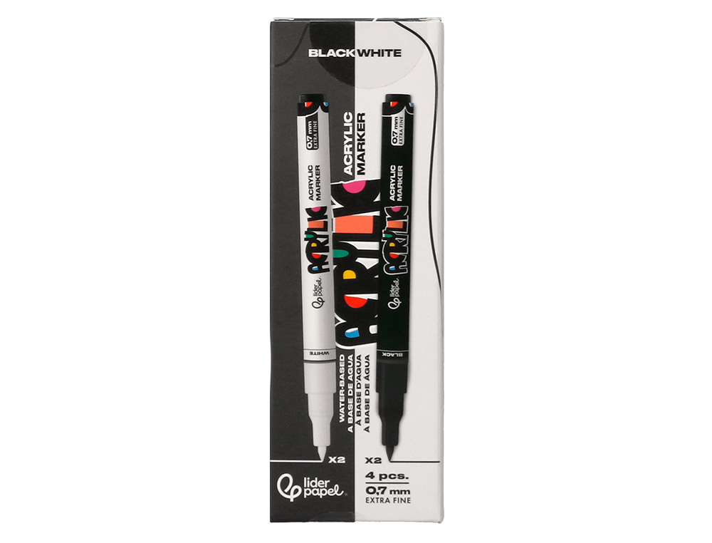 MARCADOR LIDERPAPEL ACRYLIC BASE AGUA TODO TIPO DE SUPERFICIE PONTA FINA 0,7 MM CAIXA DE 4 UNIDADES BRANCO E PRETO