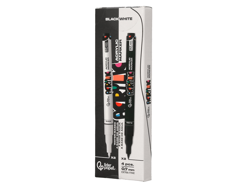 MARCADOR LIDERPAPEL ACRYLIC BASE AGUA TODO TIPO DE SUPERFICIE PONTA FINA 0,7 MM CAIXA DE 4 UNIDADES BRANCO E PRETO