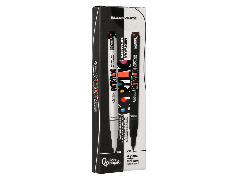 MARCADOR LIDERPAPEL ACRYLIC BASE AGUA TODO TIPO DE SUPERFICIE PONTA FINA 0,7 MM CAIXA DE 4 UNIDADES BRANCO E PRETO