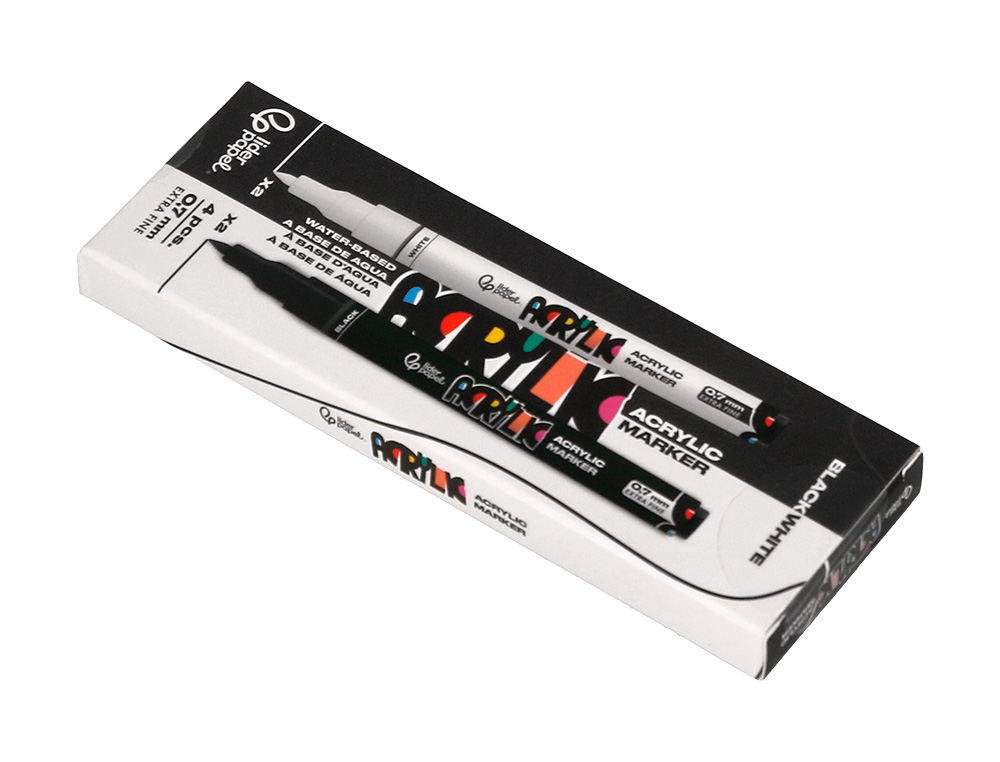 MARCADOR LIDERPAPEL ACRYLIC BASE AGUA TODO TIPO DE SUPERFICIE PONTA FINA 0,7 MM CAIXA DE 4 UNIDADES BRANCO E PRETO