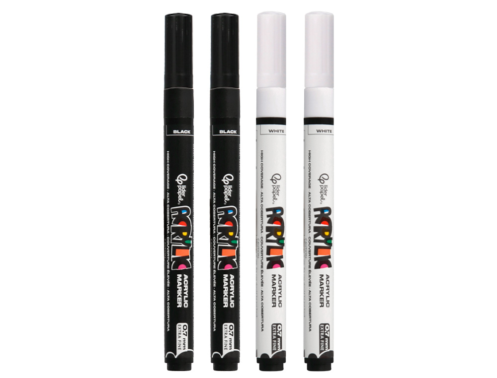 MARCADOR LIDERPAPEL ACRYLIC BASE AGUA TODO TIPO DE SUPERFICIE PONTA FINA 0,7 MM CAIXA DE 4 UNIDADES BRANCO E PRETO
