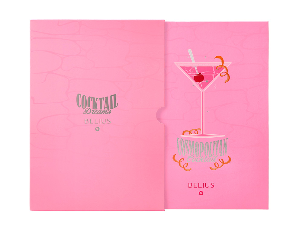 ESFEROGRAFICA E PORTA CARTOES BELIUS COCKTAILS COSMOPOLITAN ALUMINIO ROSA PRATEADO RELEVO TINTA COR AZUL CAIXA DE DESIGN