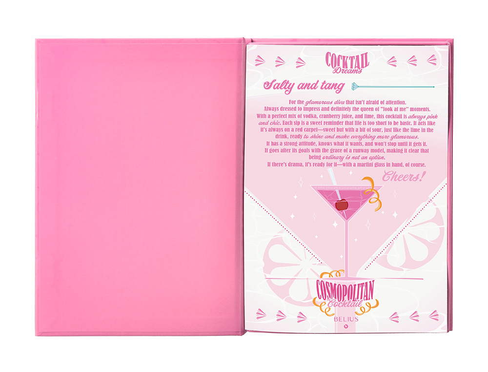 ESFEROGRAFICA E PORTA CARTOES BELIUS COCKTAILS COSMOPOLITAN ALUMINIO ROSA PRATEADO RELEVO TINTA COR AZUL CAIXA DE DESIGN