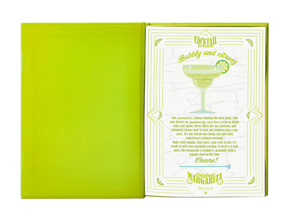 ESFEROGRAFICA E PORTA CARTOES BELIUS COCKTAILS MARGARITA ALUMINIO VERDE LIMA PRATEADO RELEVO TINTA COR AZUL CAIXA DE DES