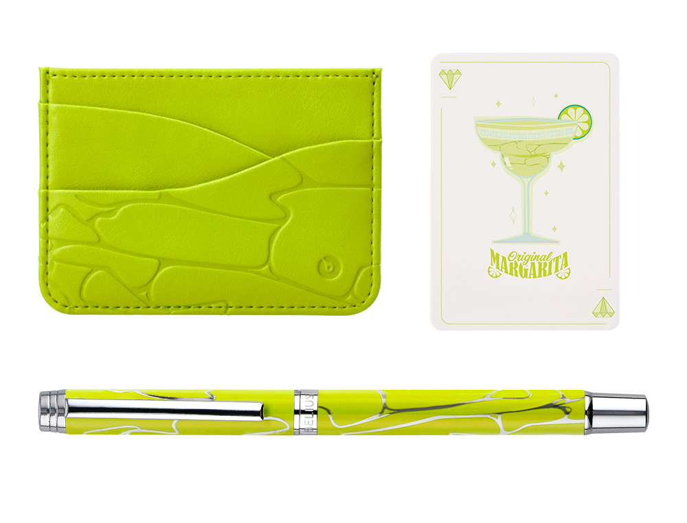 ESFEROGRAFICA E PORTA CARTOES BELIUS COCKTAILS MARGARITA ALUMINIO VERDE LIMA PRATEADO RELEVO TINTA COR AZUL CAIXA DE DES