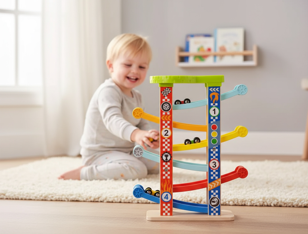 JOGO INFANTIL IMAGINOVO MADEIRA TORRE DE DESLIZAMENTO COM 7 NIVEIS INCLUI 6 CARROS +18 MESES 38X32X14CM