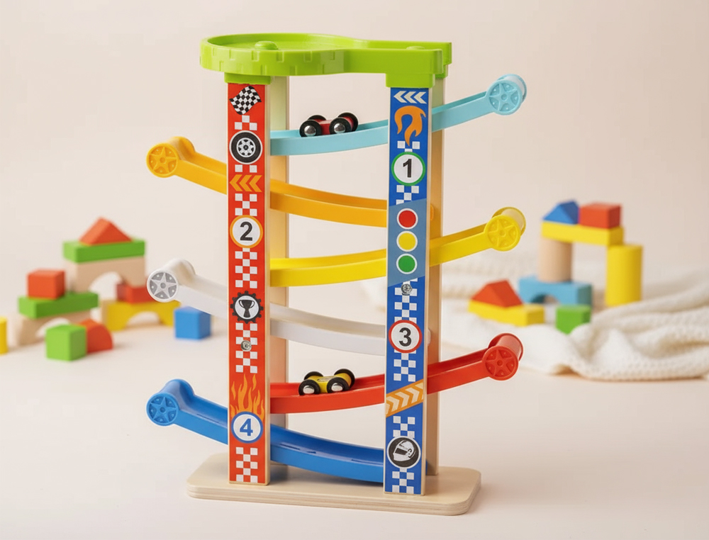 JOGO INFANTIL IMAGINOVO MADEIRA TORRE DE DESLIZAMENTO COM 7 NIVEIS INCLUI 6 CARROS +18 MESES 38X32X14CM