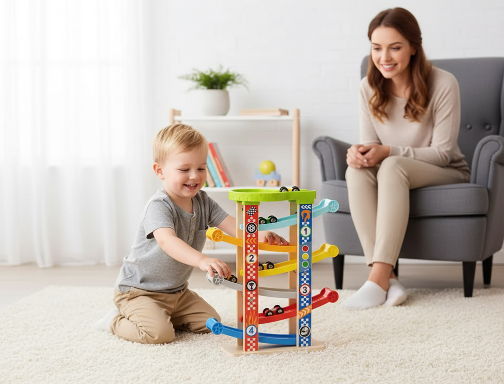 JOGO INFANTIL IMAGINOVO MADEIRA TORRE DE DESLIZAMENTO COM 7 NIVEIS INCLUI 6 CARROS +18 MESES 38X32X14CM