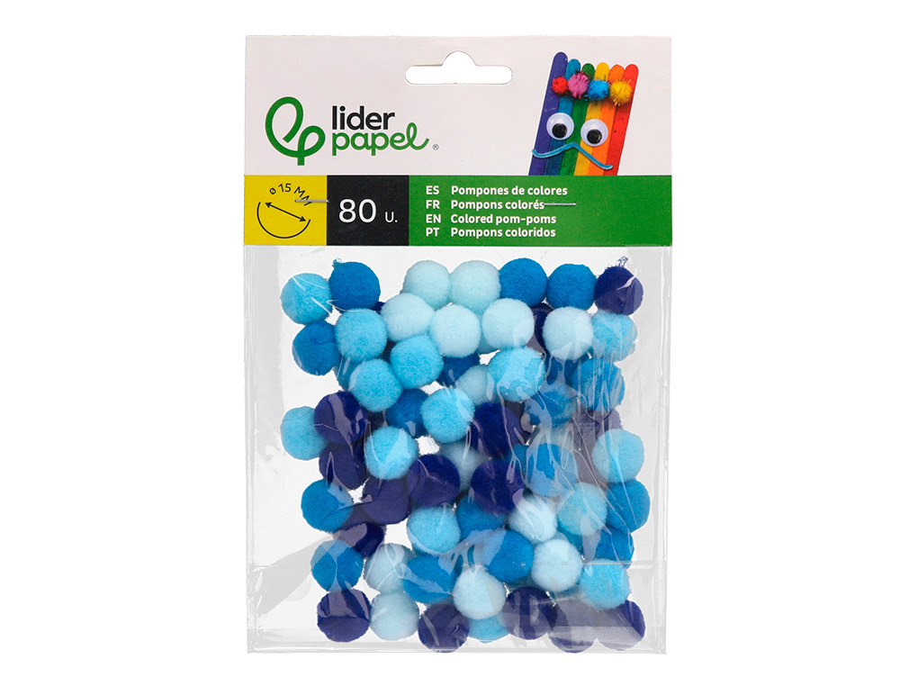 POMPONS DE CORES LIDERPAPEL 1,5 CM TONALIDADES AZUIS BOLSA COM 80 UNIDADES