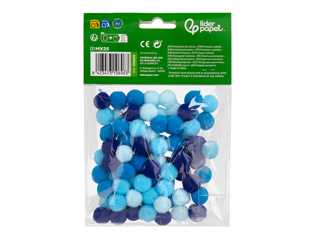 POMPONS DE CORES LIDERPAPEL 1,5 CM TONALIDADES AZUIS BOLSA COM 80 UNIDADES