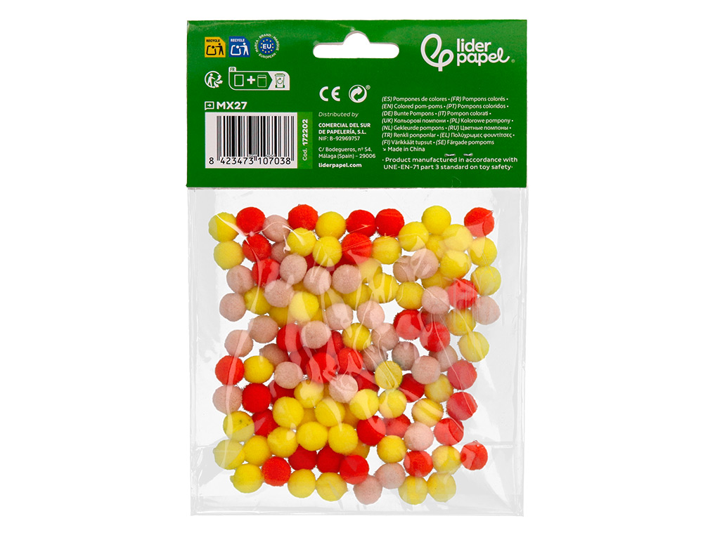 POMPONS DE CORES LIDERPAPEL 1 CM TONALIDADES QUENTES BOLSA COM 120 UNIDADES